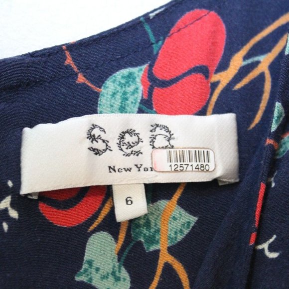 SEA New York Mari Floral Midi Dress Navy Blue V-Neck Long Sleeve Size 6 H12689 - Picture 4 of 10